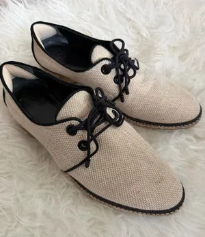 Tory Burch Fawn Oxford Linen Tan Espadrille Lace Up Loafers Shoes Women Size 9.5 thumbnail 1