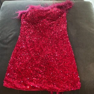 Women’s Pink Short Feather & Sequin One Shoulder Prom Party Dress Size 14 *READ thumbnail 9