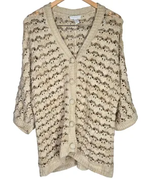 Charter Club Wool Blend Beige Brown Crochet‎ Knit Cardigan Sweater L 3/4 Sleeve thumbnail 1