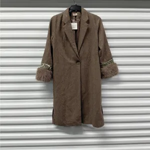 NKN Nekane Womens Wool Blend Coat Sz Small Brown Herringbone Faux Fur Old Money thumbnail 3