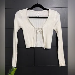 DREAMERS by Debut Cream Long Sleeve Ribbed Cardigan Cover Up Tie Women’s S EUC thumbnail 1