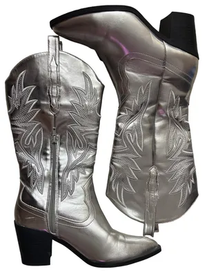 Altar'd State Metallic Silver Embroidered Western Boots thumbnail 3