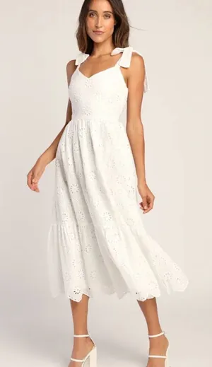 Lulu's White Eyelet Tie-Shoulder Midi Dress thumbnail 1