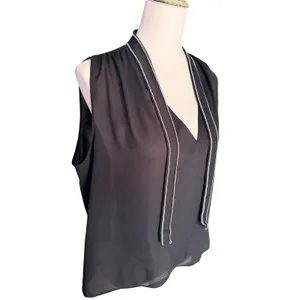 ZARA Black Sleeveless V-Neck Blouse with‎ Silver Chain Trim Ties XL thumbnail 4