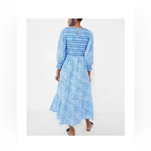 NWT Pink City Prints Isabel Dress XS Ornate Sky Blue Cotton Smocked Midi thumbnail 4