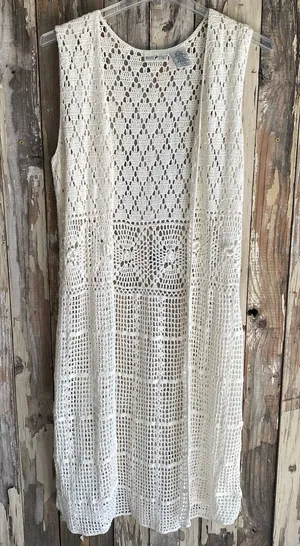 White Stag cream crochet duster sweater vest boho western festival fall Large thumbnail 1