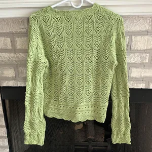 Mango MNG Open Work Knit Scalloped V neck Cardigan Long Sleeve Green Womens S thumbnail 8