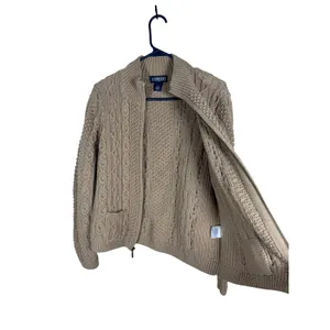 Lands End Womens M 10-12 Tan Cable Knit Cotton Full Zip Cardigan Sweater thumbnail 4