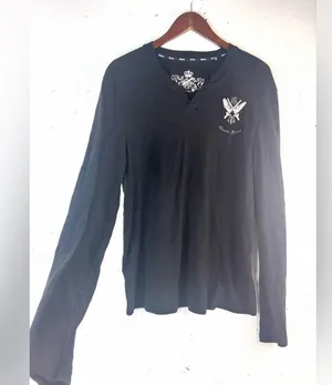 Guess L Black Long Sleeve Affliction Style Tee Top with Ornate Design thumbnail 6