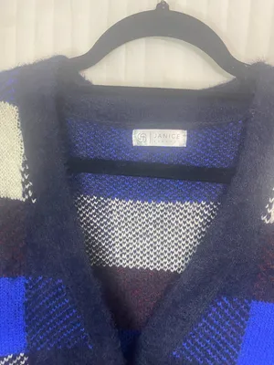 Janice Apparel Womens Cardigan Sweater Blue Plaid Button Front Fuzzy Knit XL XXL thumbnail 3