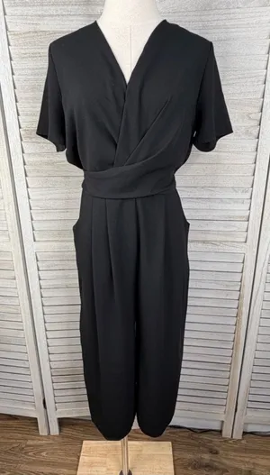 A NEW DAY- Black Short Sleeve Wrap Front Jumpsuit Cropped Length-Small thumbnail 1