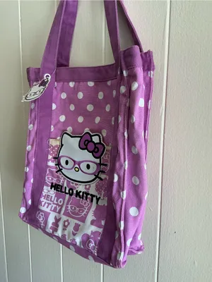Rare Vintage Sanrio 2010 Hello Kitty Cotton purple nerd Large Tote Handbag Bag thumbnail 6