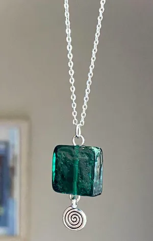 Handmade hippie funky fairy boho style green square glass bead & Swirl charm unisex necklace🟩🌳🍃🌀 thumbnail 1