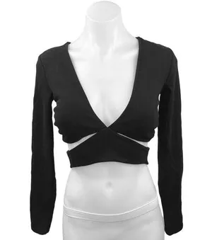 Zara Black Plunging V-Neck Cutout Long Sleeve Stretch Knit Cropped Top Size M thumbnail 1