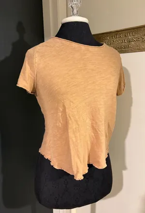 Free People 100% Cotton Cropped Lettuce Hem Tee in Beige thumbnail 1