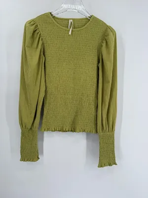 Anthropologie Smocked Long Sleeve Puff Sleeves Green Ruched Top‎ Size xs thumbnail 3