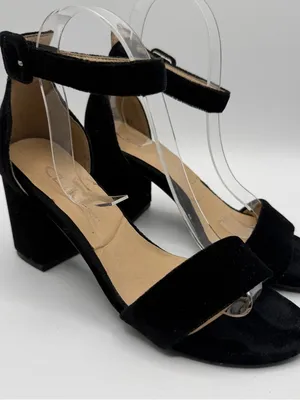 CL by Laundry Black Velvet Ankle Strap Block Heel Sandals Women’s 6M thumbnail 1