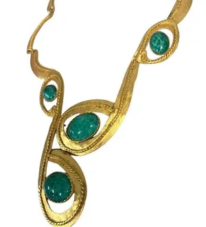Vintage 14" Unique Gold Tone Tribal Necklace with Green Stones Jade? thumbnail 2