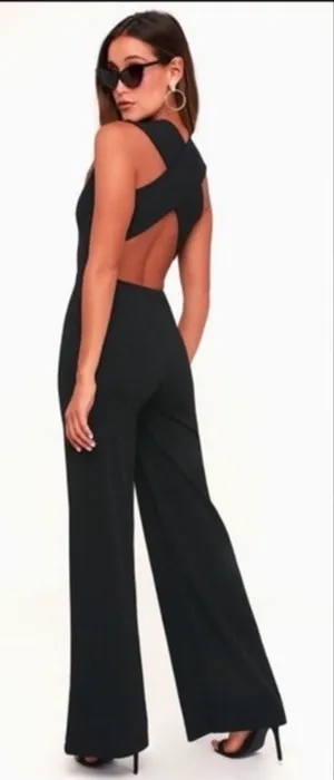 LULUS Thinking Out Loud Backless Black Jumpsuit Criss Cross Open Back Wide Leg S thumbnail 1