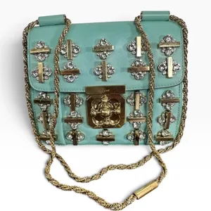 Chloé Elsie Shoulder Bag Small Turquoise Leather Chain Strap Rhinestone Gold thumbnail 1
