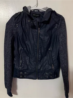 New Look Navy Faux Leather Jacket with Gray Knit Sleeves and Hood thumbnail 1