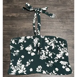 Abercrombie & Fitch Forest Green Floral Knot Front Tie Back Halter Crop Top XL‎ thumbnail 7