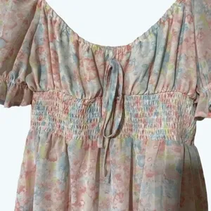 HYFVE Pastel Floral Mini Dress Puff Sleeve Tie Neck Size Large thumbnail 5