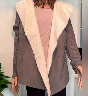 Sweater. Hooded. Faux Fur/Suede. Grey &White. Open Cardigan. thumbnail 3
