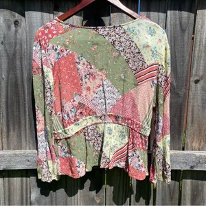 LUQ Boho Patchwork Faux Wrap Peasant Top Green Size XL thumbnail 5