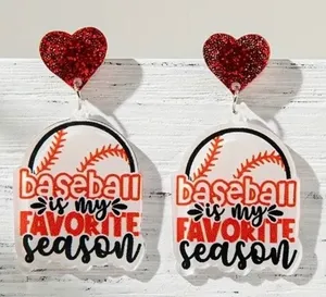 Baseball Favorite Season Earrings‎ Women OS Red White Glitter Heart Drop New thumbnail 1