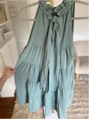 Entro Sage Green Tiered Midi Dress Ruffle Neck Feminine Romantic‎ Quiet Luxury S thumbnail 4