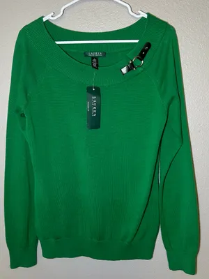 NEW Ralph Lauren Green Cotton Ribbed Trim Preppy Pullover Sweater Women’s Large thumbnail 1
