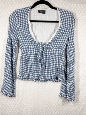 Vici Blue White Gingham Flare Long Sleeve Cropped Top thumbnail 1