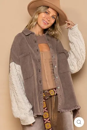 POL Cable Knit Sleeve Shacket Chocolate & Cream Small thumbnail 1
