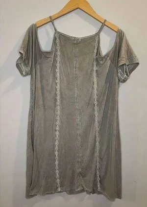 POL Women's Cold Shoulder Boho Top Lace Detail Gray Size L thumbnail 1