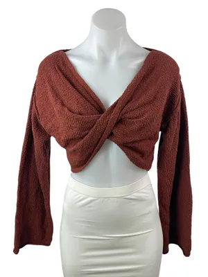 Urban Outfitters Laney Brown Twist Front Long Sleeve Knit Sweater Crop Top Sz M thumbnail 1