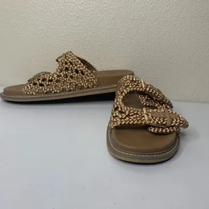Joie Slide Sandals Woven Braided Crochet Tan Bronze Metallic Gold Buckle Sz 10 thumbnail 2
