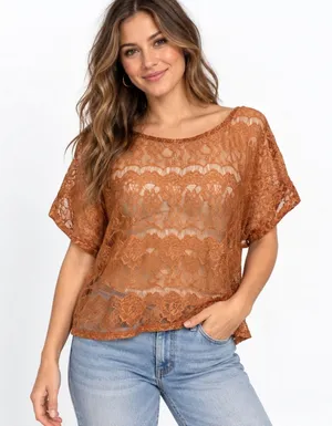 XXI Lace Top Large Orange Sheer Floral Scalloped Eyelash Trim Short Sleeve Y2K thumbnail 1