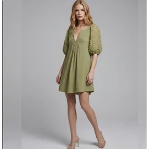 NEW Umgee Olive Green Swiss Dot Mini Dress Puff Sleeve MEDIUM Boho thumbnail 2