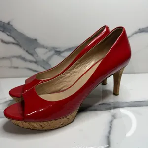 Via Spiga Women's Red Patent Leather Cork Platform Peeptoe Heels Sz 9.5 FLAW thumbnail 3