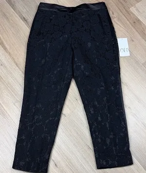 Zara NWT Black Lace Tuxedo Ankle Pants Satin‎ Trim Slim Straight Size Medium thumbnail 1