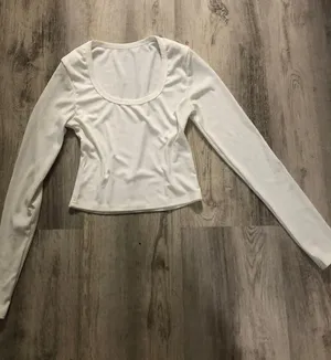 White Ribbed Scoop Neck Long Sleeve Top thumbnail 1