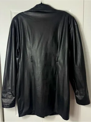 PrettyLittleThing Black Faux Leather Long Moto Jacket Padded Shoulders 12 Large thumbnail 6