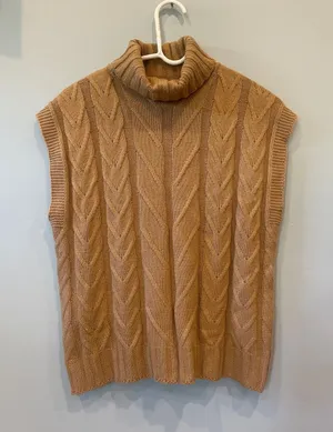 Cable Knit Turtleneck Sleeveless Sweater - Camel color size small thumbnail 1