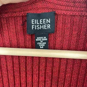 Eileen Fisher Open Front Ribbed Cardigan Sweater 100% Merino Wool Deep Red Med thumbnail 10