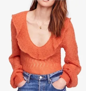 Free People Macaroon Ruffled Neck Mohair Wool Sweater Burnt Orange Ruffle size L thumbnail 1