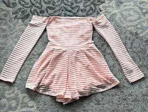Lucy In The Sky Off Shoulder Long Sleeve Lace Up Romper Pink Small thumbnail 1