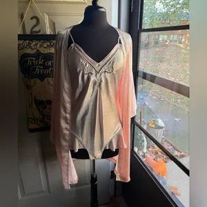 Vintage Val Mode pink chiffon trim satin bodysuit robe set, size medium thumbnail 2