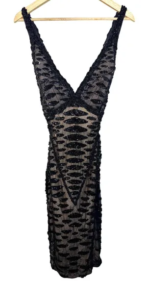 NWT Mandalay Black Silk Beaded Sequin Short Midi Evening Formal Dress Womens 4 thumbnail 1