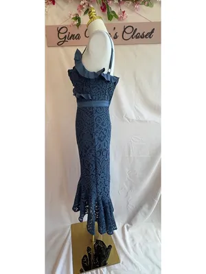 Lady Black Tie Navy Blue Lace Ruffle Detail Midi Dress Size 2 thumbnail 4